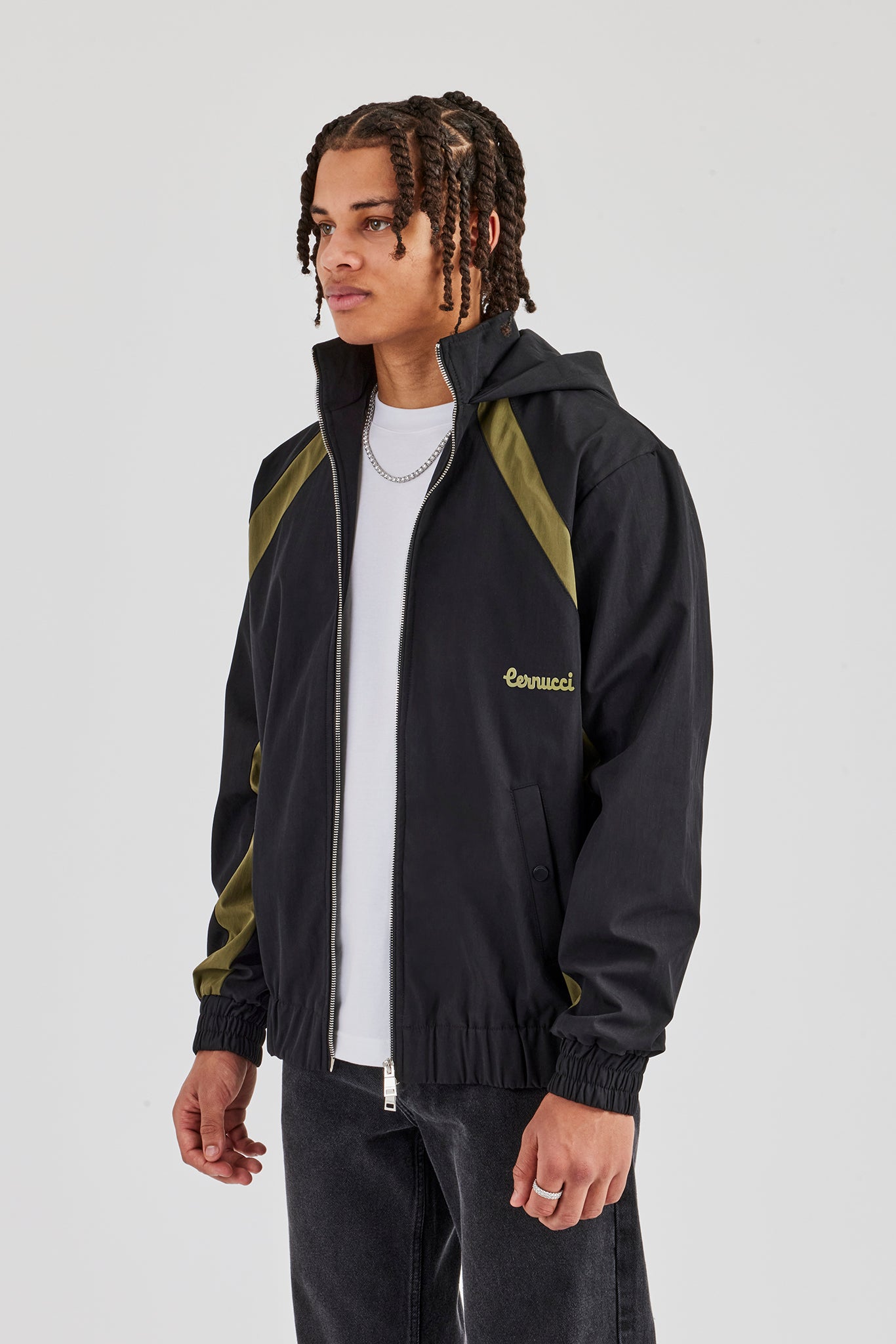 Hooded Nylon Contrast Block Jacket - Black